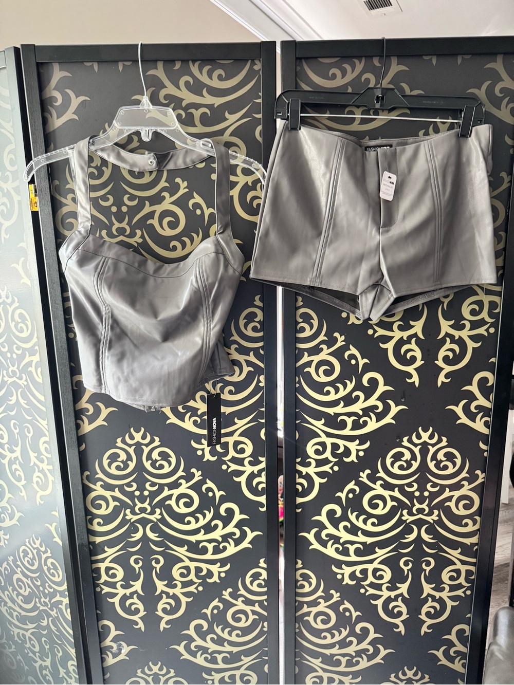 Fashion Nova Charcoal Gray Faux Leather Corset Top & High-Waist Shorts Set